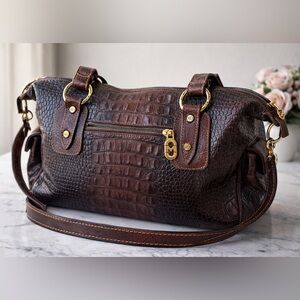 Italian Croc Embossed Leather Satchel Brown Gold Hardware Vintage Luxe Striped